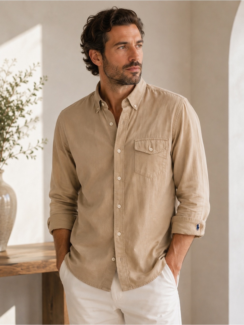 Polo Ralph Lauren Men’s Tan Classic Fit Cotton Button Down Shirt Like New Size L